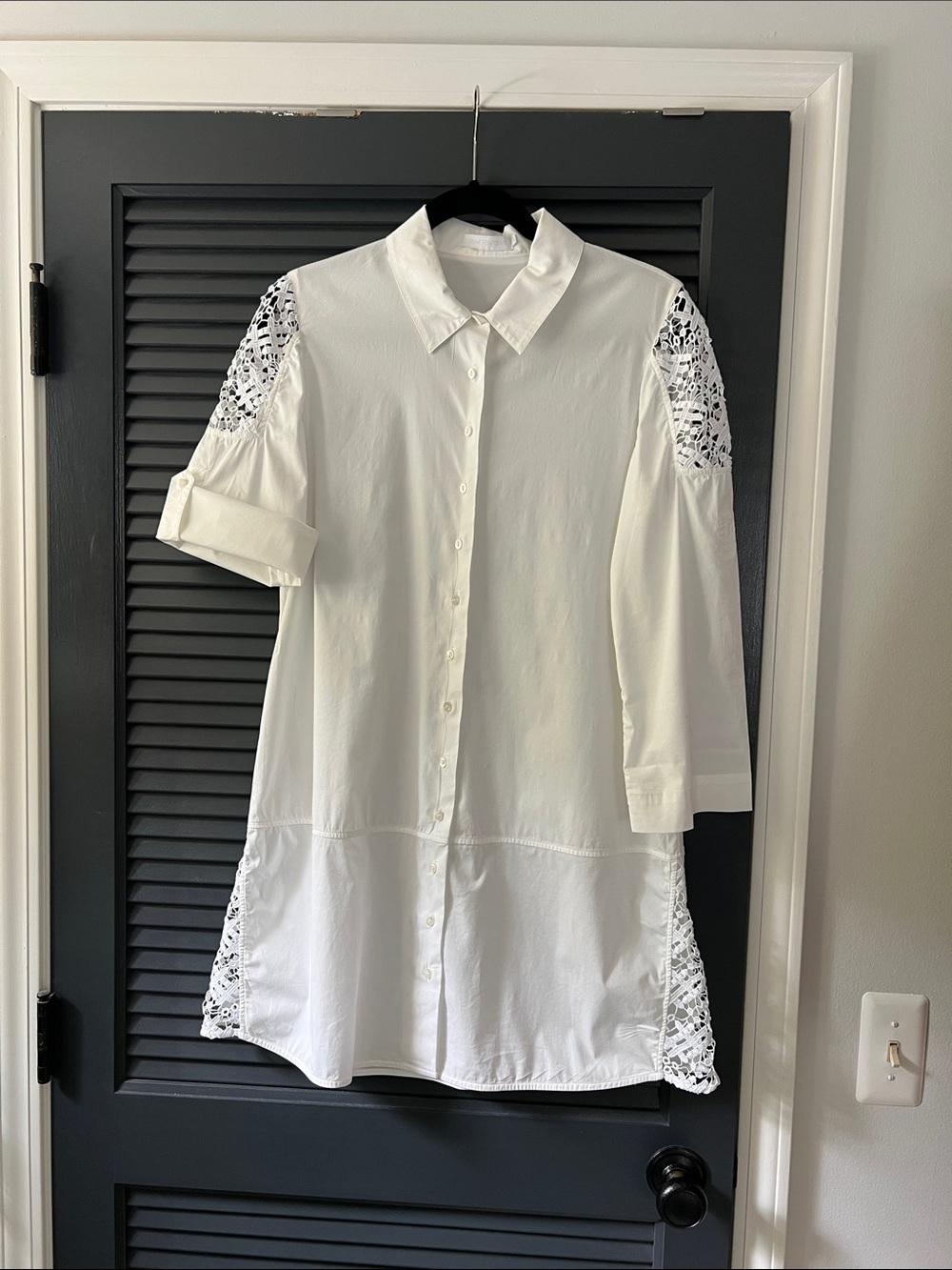 Anne Fontaine White Button-Front Shirt Dress with Lace Insets